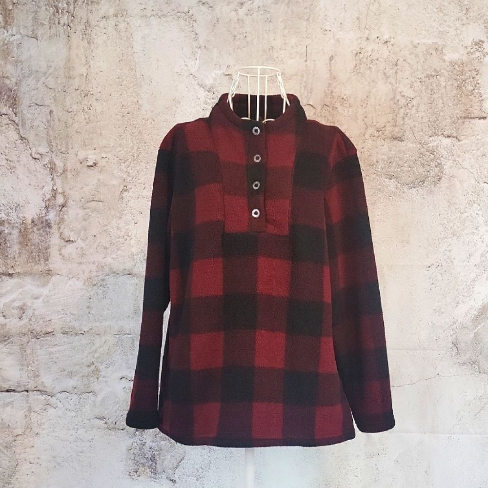 North River Plaid Fleece Pullover Red & Black Womens Size XL